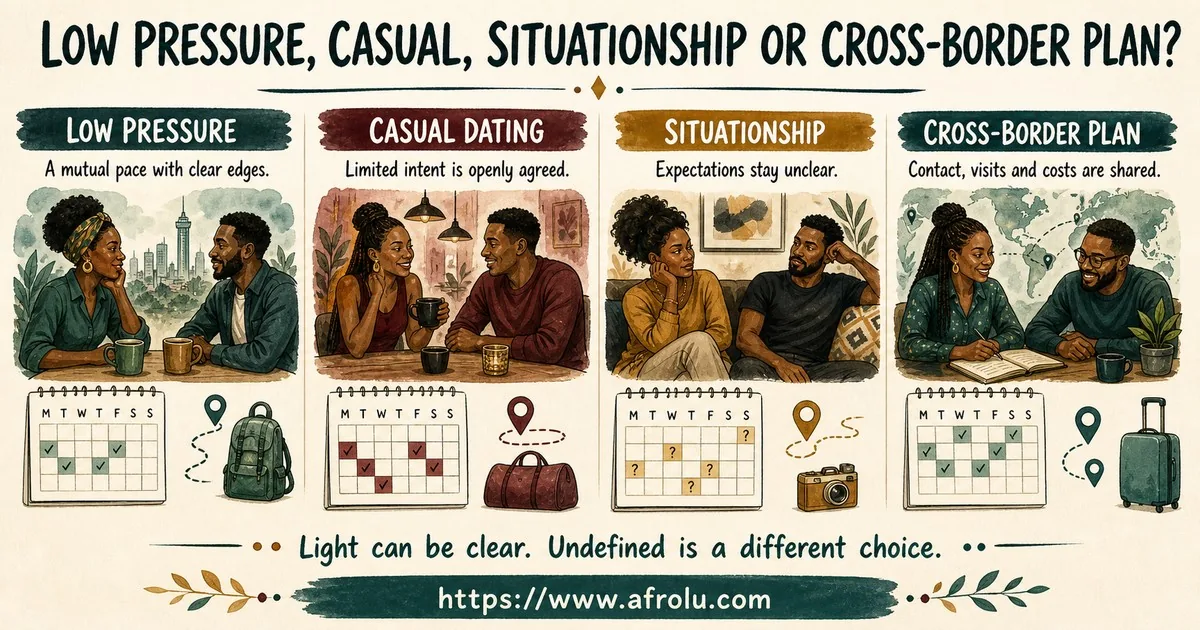 Four columns distinguish a clear low-pressure pace, agreed casual dating, an undefined situationship, and a shared cross-border plan.