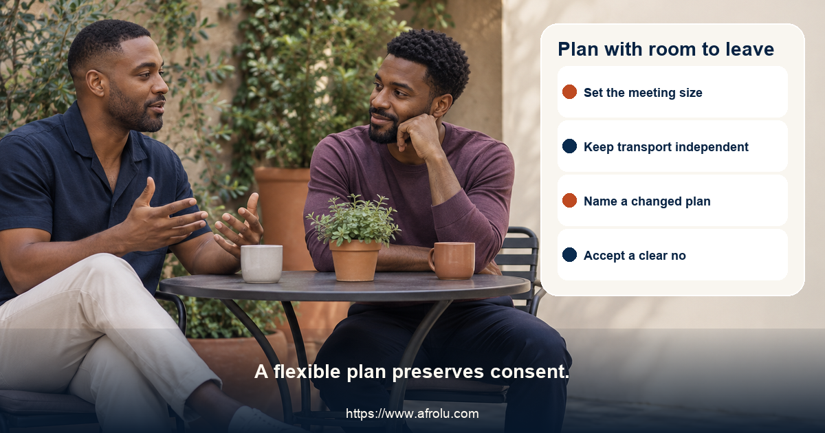Two clearly adult Black men speak calmly across an outdoor courtyard table, with equal framing and no travel or cultural shorthand.