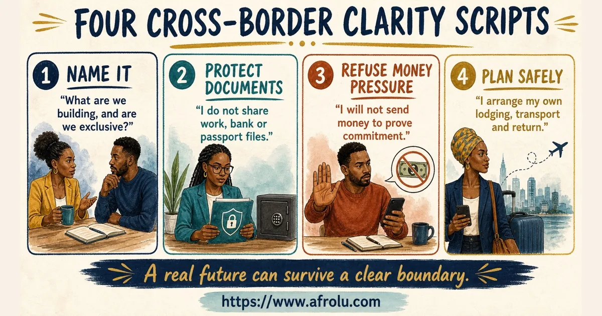 Four script cards name the connection, protect documents, refuse money pressure and plan travel safely.