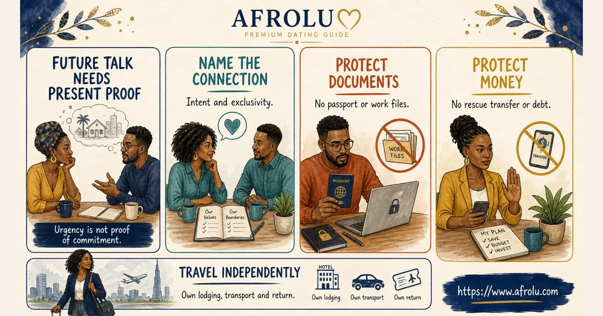 Four cards show adults naming a cross-border connection and protecting documents, money and travel independence.