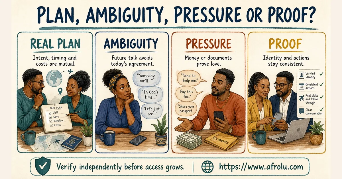 Four cards compare a real plan, ambiguity, money or document pressure, and consistent proof.