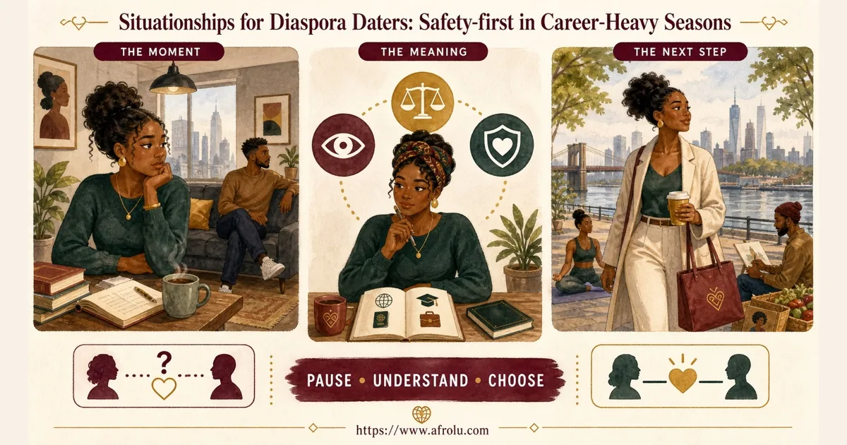 Three panels show a diaspora professional pausing, weighing privacy and safety, and choosing an independent next step.