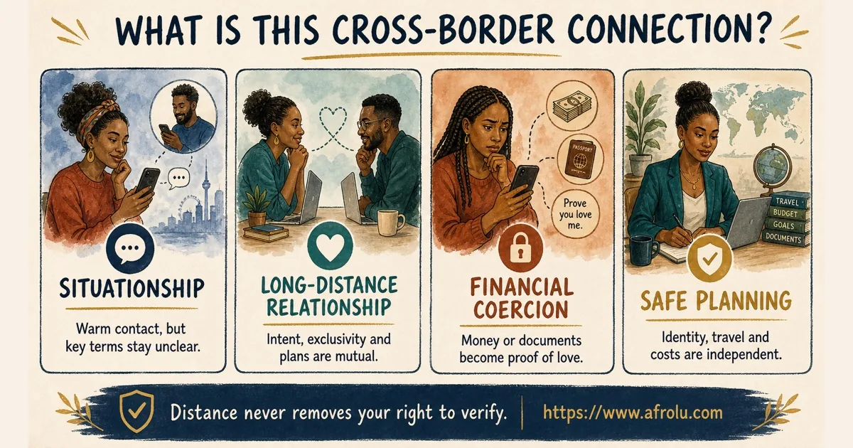 Four cards compare a situationship, a long-distance relationship, financial coercion and safe planning.