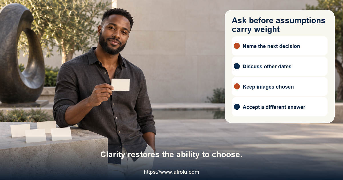 Clearly adult man in a neutral public courtyard holding a blank discussion card beside four small blank cards, framing a long-distance consent and next-step conversation.
