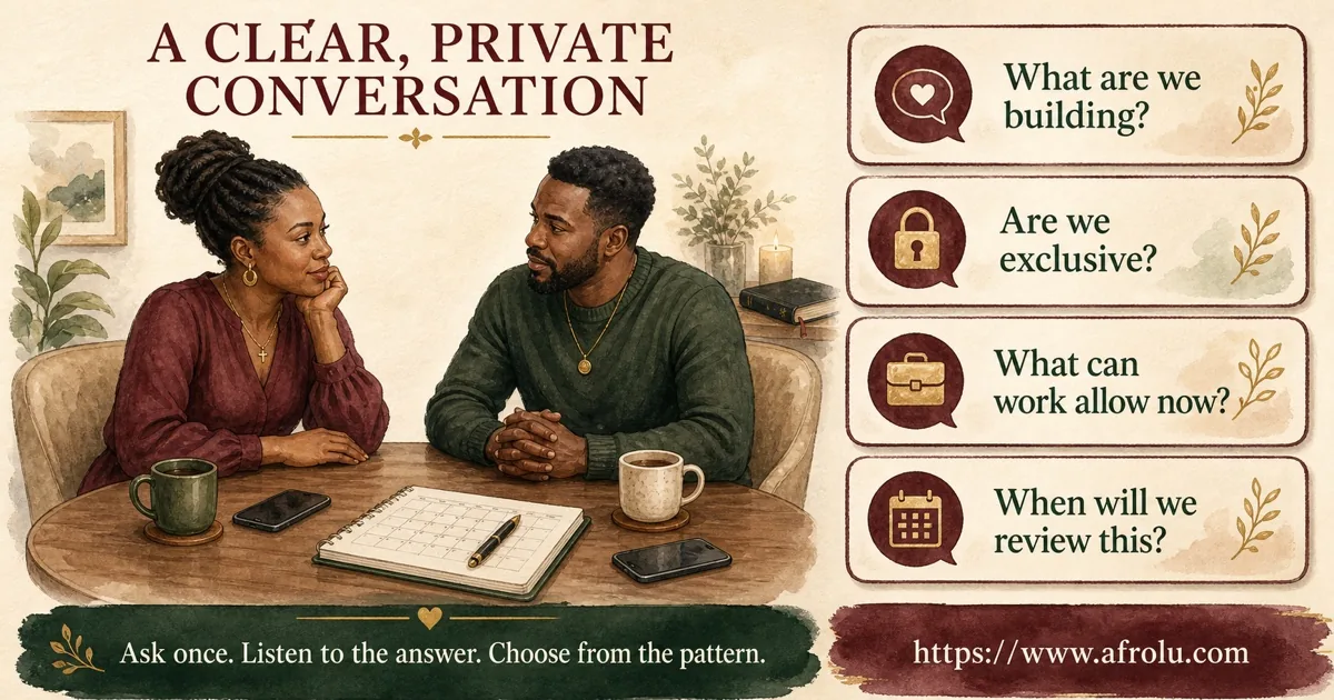 Two faith-led working adults use four calm questions to name the relationship, exclusivity, career capacity, and review date.