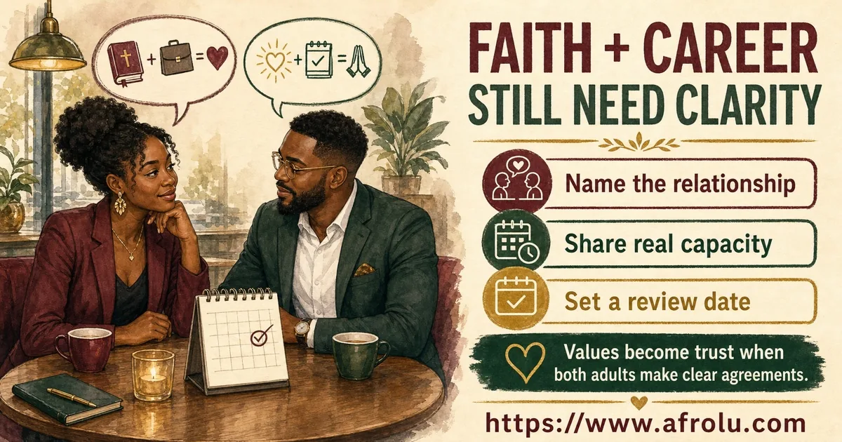 Two faith-led working adults name their relationship, share honest career capacity, and set a date to review the connection.