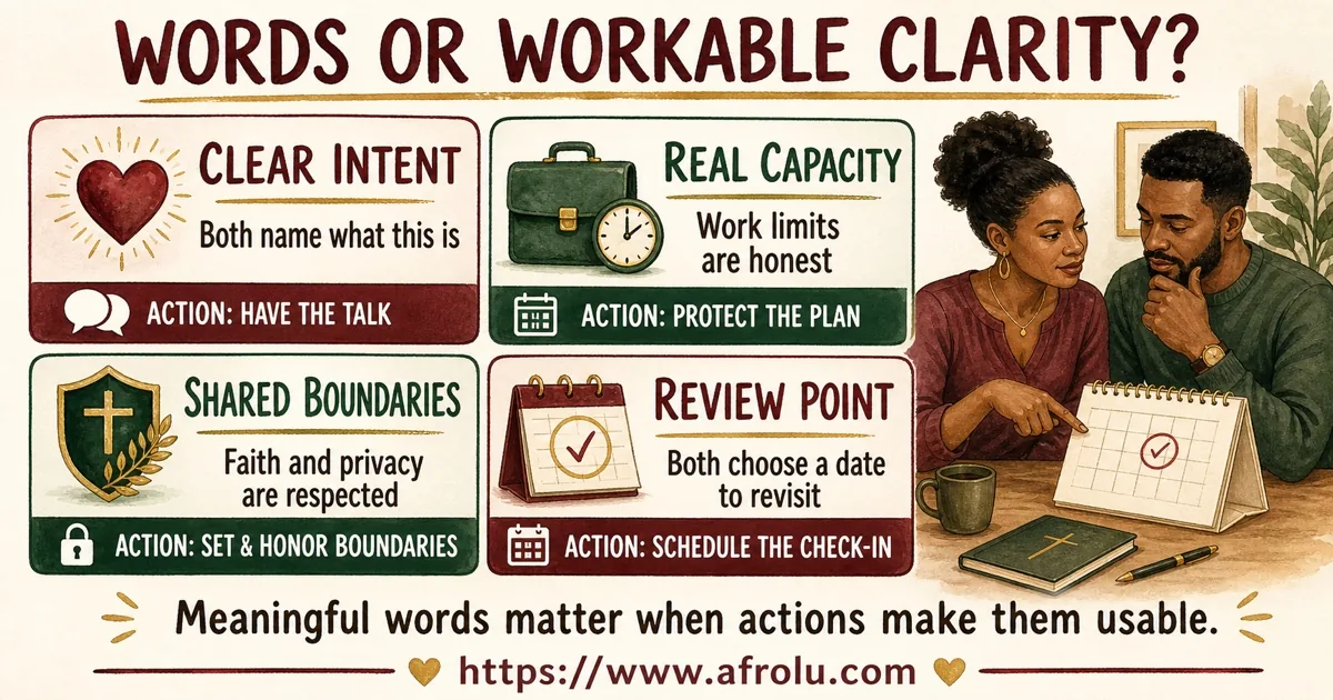Four cards show clear intent, honest work capacity, shared faith and privacy boundaries, and a mutual review point.