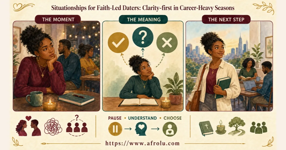 A faith-led professional moves from an unclear dating moment through reflection to a calm next step during a career-heavy season.