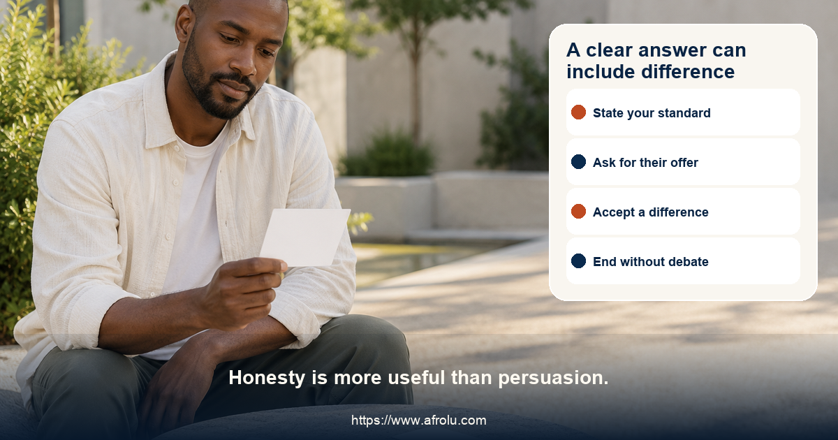 Clearly adult Black man in a neutral public courtyard holding a blank discussion card beside three smaller blank cards arranged in an open circle.