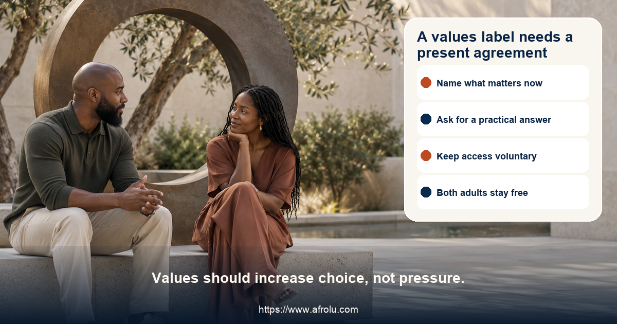 Two clearly adult Black people in a neutral contemporary courtyard beside a balanced open-circle sculpture, having a calm attentive conversation with no religious or travel markers.