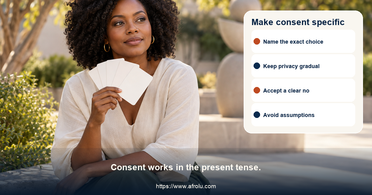 Clearly adult woman in a neutral courtyard holding four blank discussion cards beside a simple balanced sculpture, with no faith or workplace shorthand.