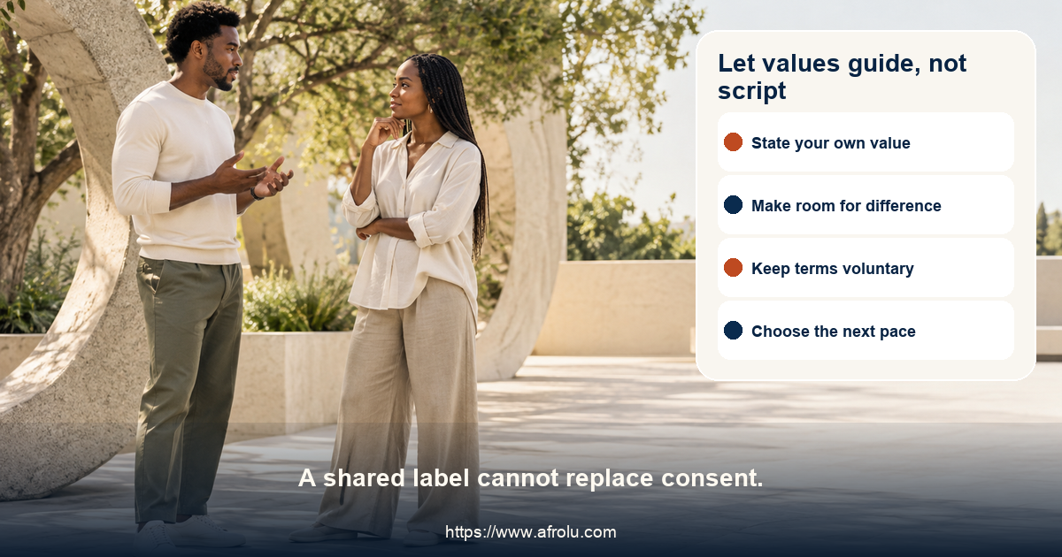 Two clearly adult people in a neutral sunlit courtyard considering a pair of open balanced stone forms, with no religious, workplace, family, or cultural cues.