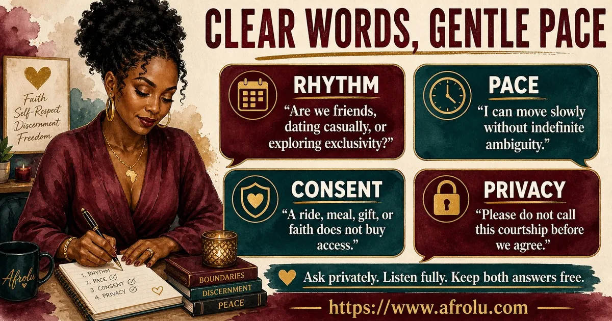 A mature woman writes four calm scripts for naming the dating rhythm, limiting ambiguity, protecting consent, and keeping community information private.