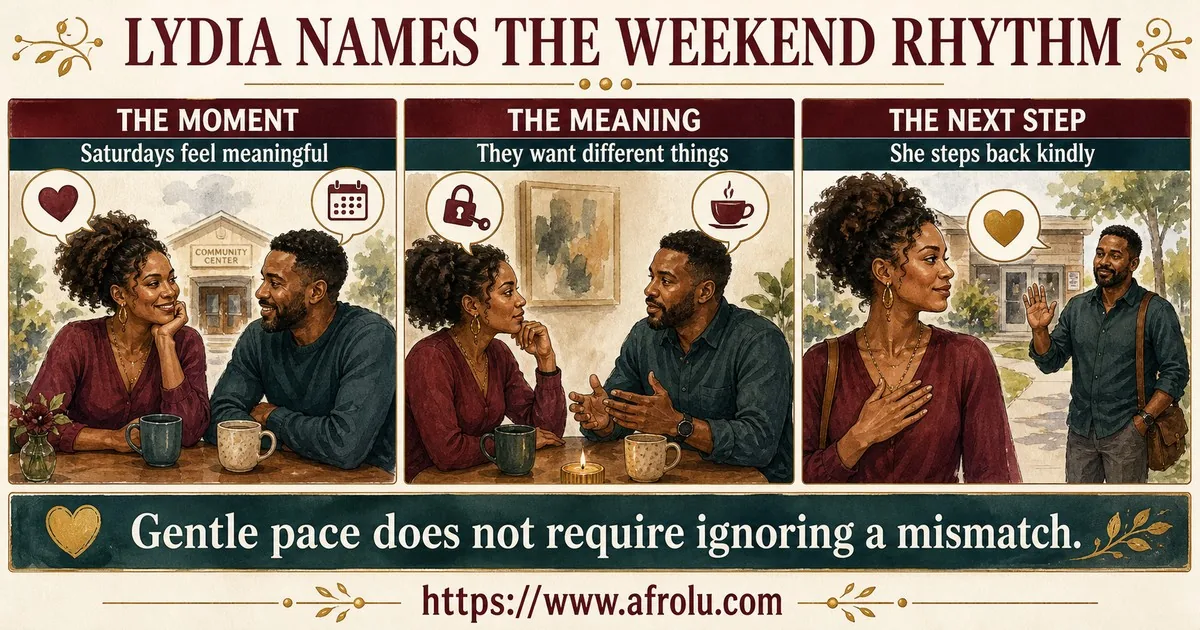 Three adult-only panels show Lydia and James enjoying Saturdays, discovering that they want different levels of commitment, and parting kindly.