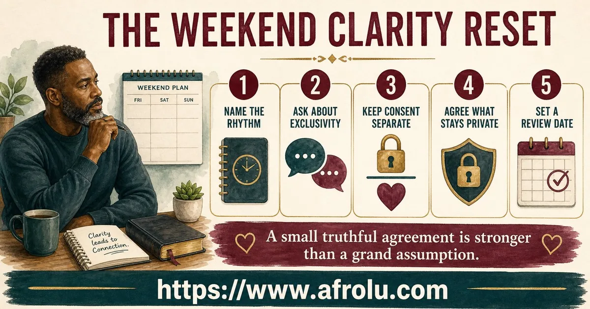 A mature man reviews five steps: name the rhythm, ask about exclusivity, keep consent separate, agree what stays private, and set a review date.