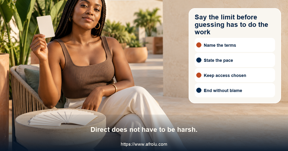 Adult values-led situationship conversation visual offers twelve complete lines for casual terms, pace, privacy, consent, money, returns, and endings