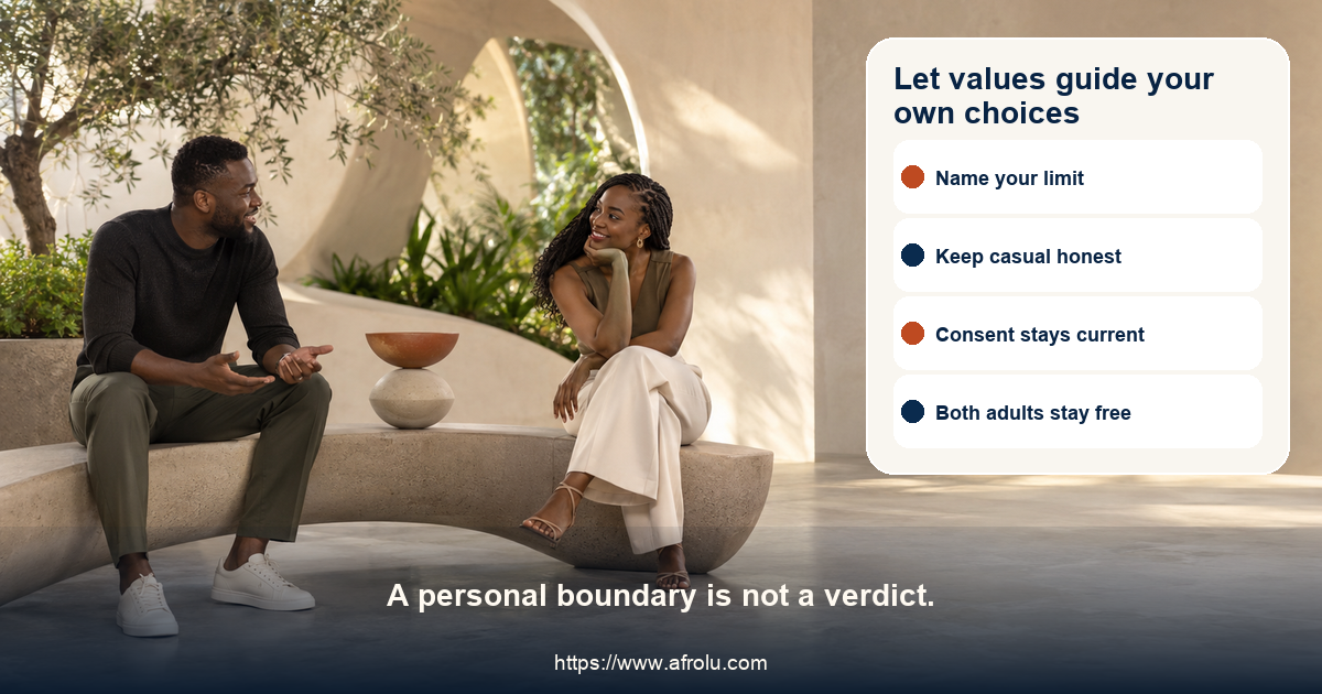 Adult values-led casual dating visual shows two independent adults choosing honest expectations, current consent, privacy, and a free exit