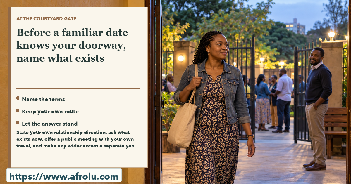 A woman walking through a Nairobi community courtyard while a familiar companion remains near the gate.