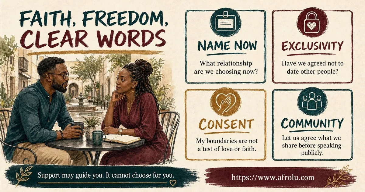 Four scripts help adults name the present, discuss exclusivity, protect consent, and agree on community disclosure.