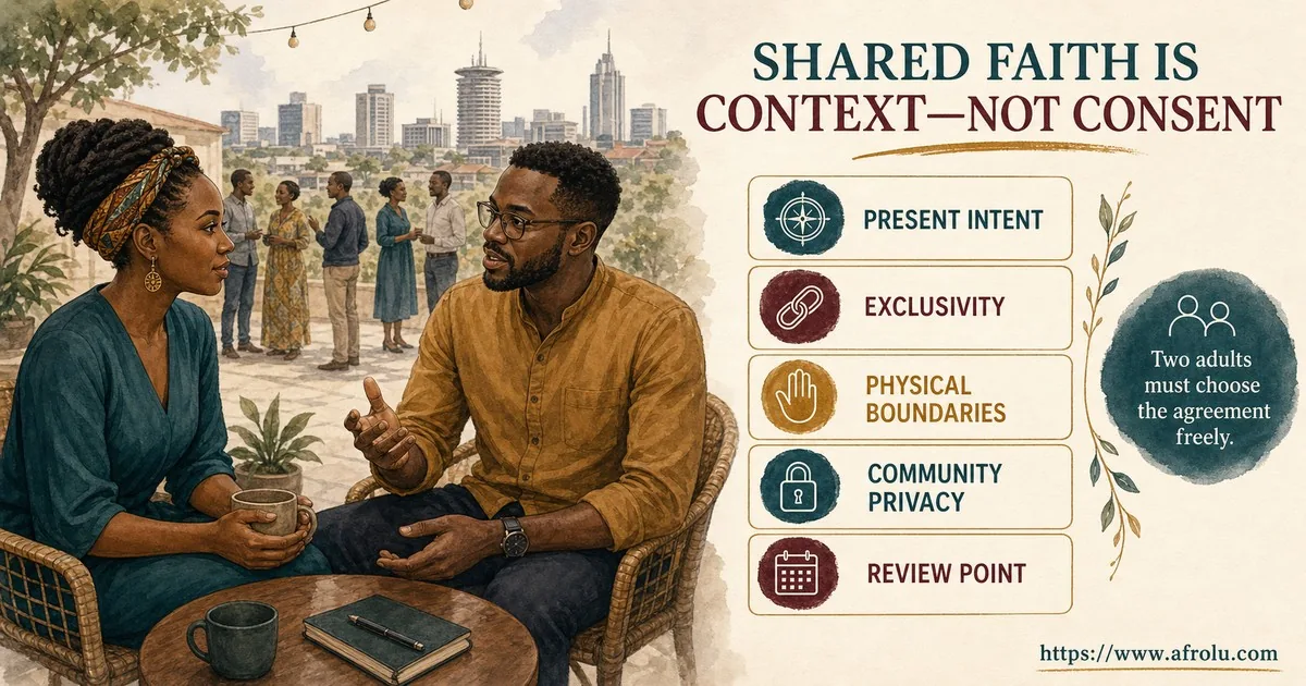 Two adults privately define present intent, exclusivity, physical boundaries, community privacy, and a review point.