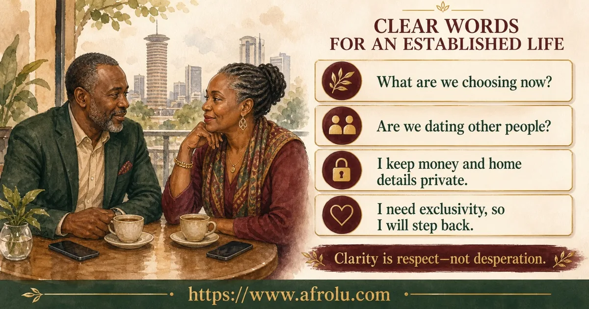 Four direct scripts help mature Nairobi adults define the present, disclose other dating, protect money and home details, and step back when needs differ.