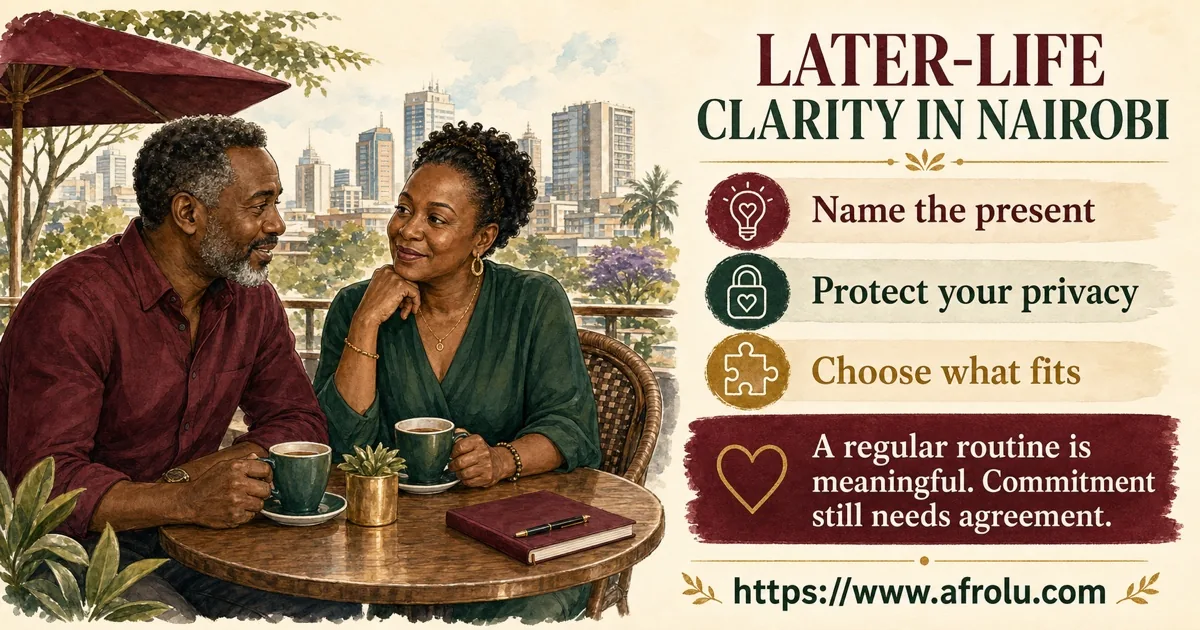 Two mature Nairobi adults name the present, protect privacy, and choose whether a regular dating routine fits.