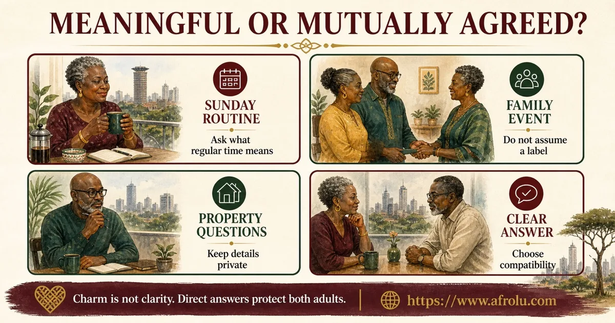 Mature Nairobi adults check a Sunday routine, family event, property questions, and a clear compatibility answer.
