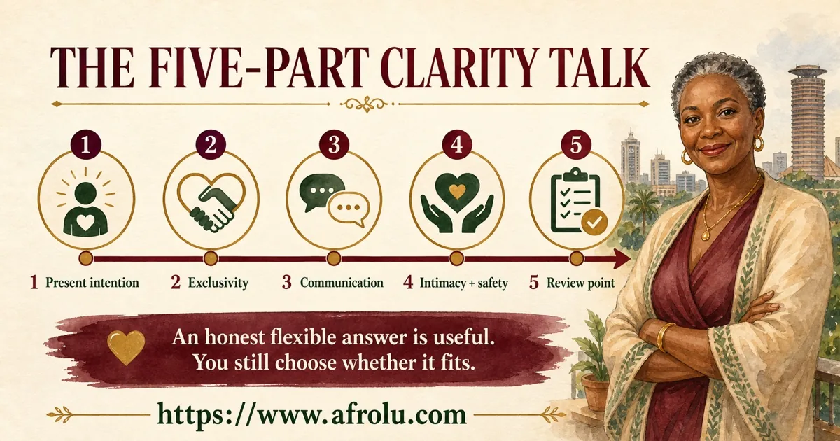 A mature Nairobi adult checks present intention, exclusivity, communication, intimacy and safety, and a review point.