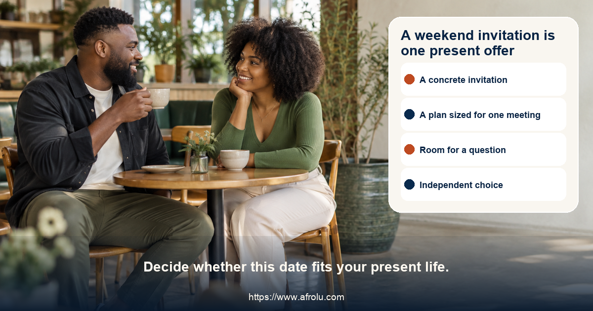 Two clearly adult people sit across a small public café table with open space between them, a relaxed weekend conversation without age cues, devices, or romantic symbols.