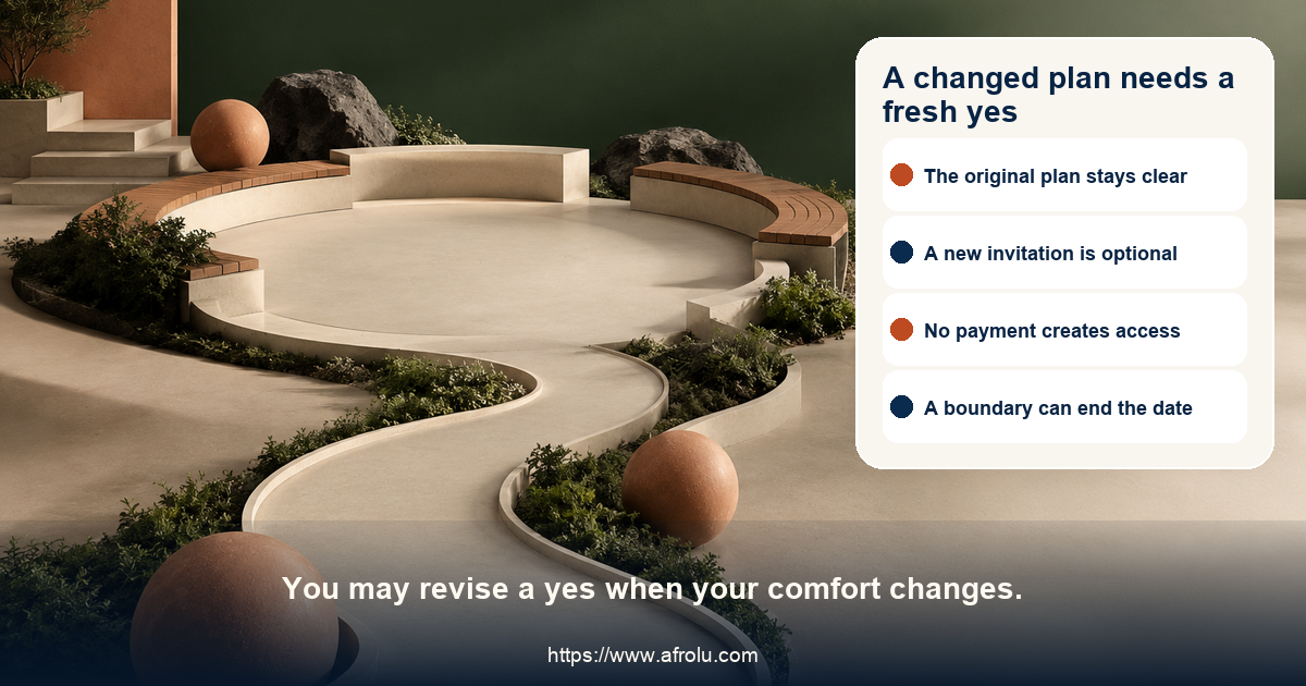Top-down arrangement of separate forest-green, clay, cream, and charcoal shapes leaves an open route between a chosen meeting point and a clear exit.