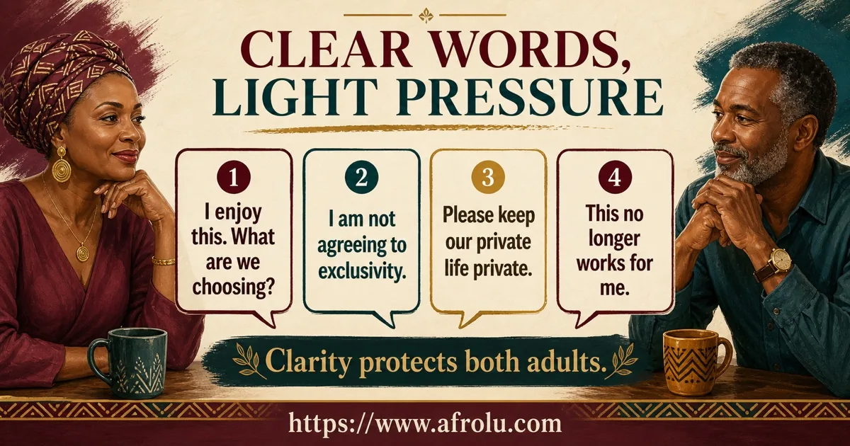 Four scripts help mature adults name the plan, exclusivity, privacy and a clean ending.