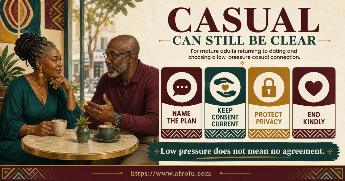 Four cards help mature adults name a casual plan, keep consent current, protect privacy and end kindly.
