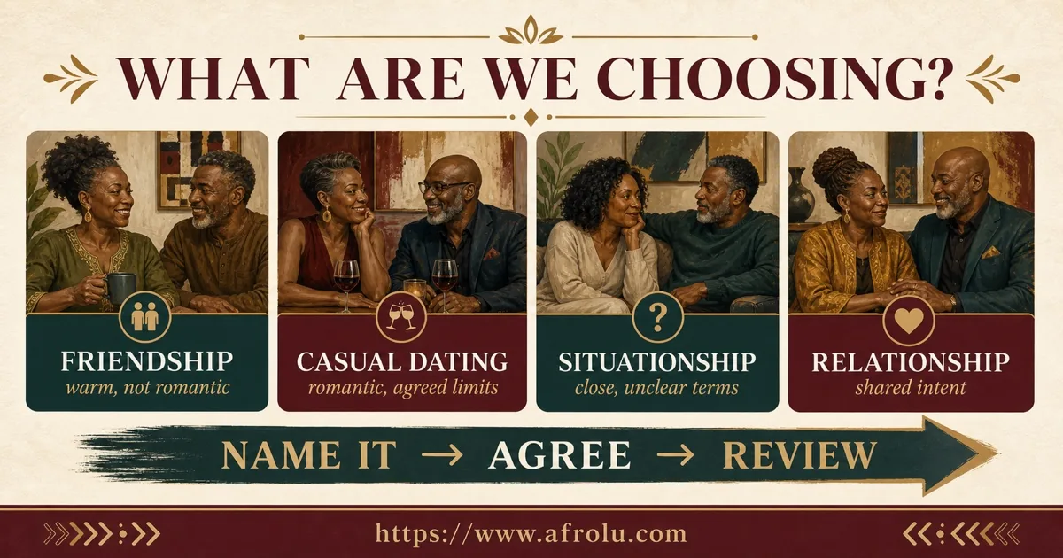 Four cards compare friendship, casual dating, a situationship and a relationship.