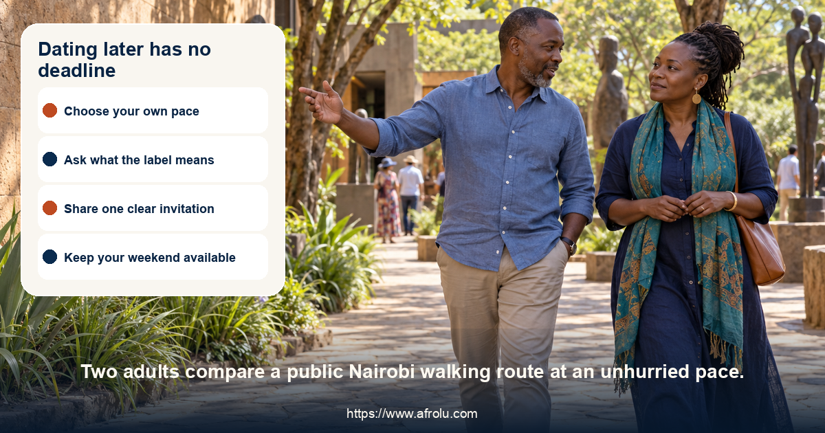 Two middle-aged adults talk while walking along a shaded public garden path in Nairobi.