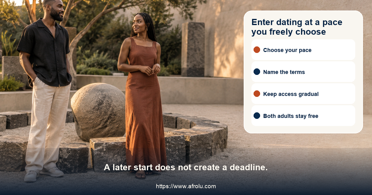 Adult dating clarity visual shows two independent adults entering dating at their own pace with realistic capacity, privacy, consent, and safety