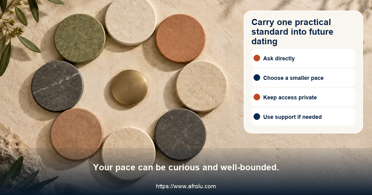 Adult dating next-move board offers ask, slow down, set a capacity boundary, pause, protect privacy, decline money, seek support, and keep life in balance