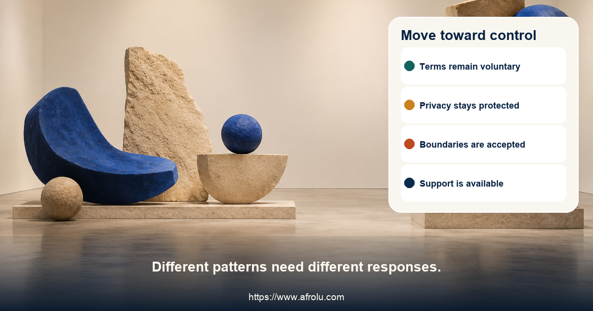 Two abstract arrangements contrast a spacious set of open cobalt forms with a tight unstable pile in a neutral gallery, without age, travel, or cultural cues.