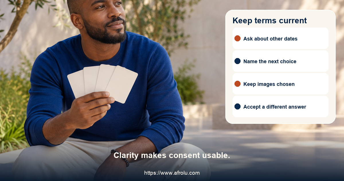 Clearly adult man in a neutral courtyard holding four blank discussion cards beside a calm abstract balance form, without age or travel cues.