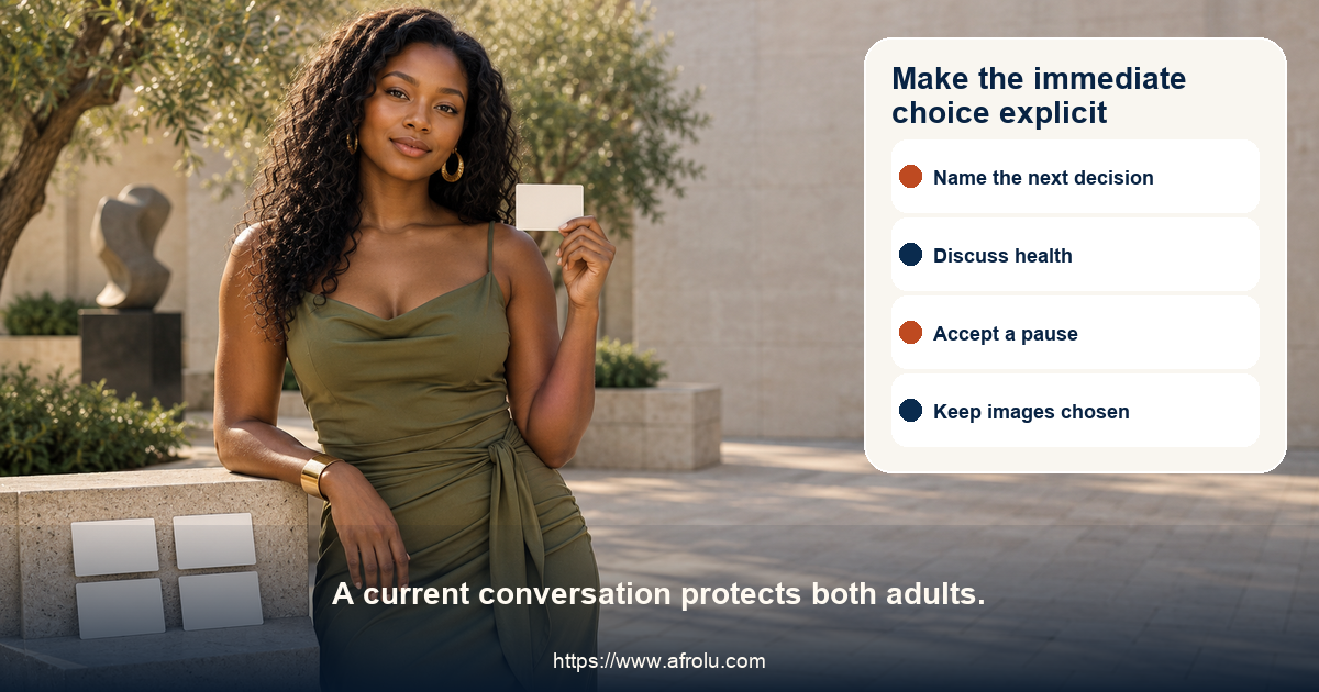 Clearly adult woman in a neutral public courtyard holding a blank discussion card beside four small blank cards for a serious-or-casual check-in without age cues.