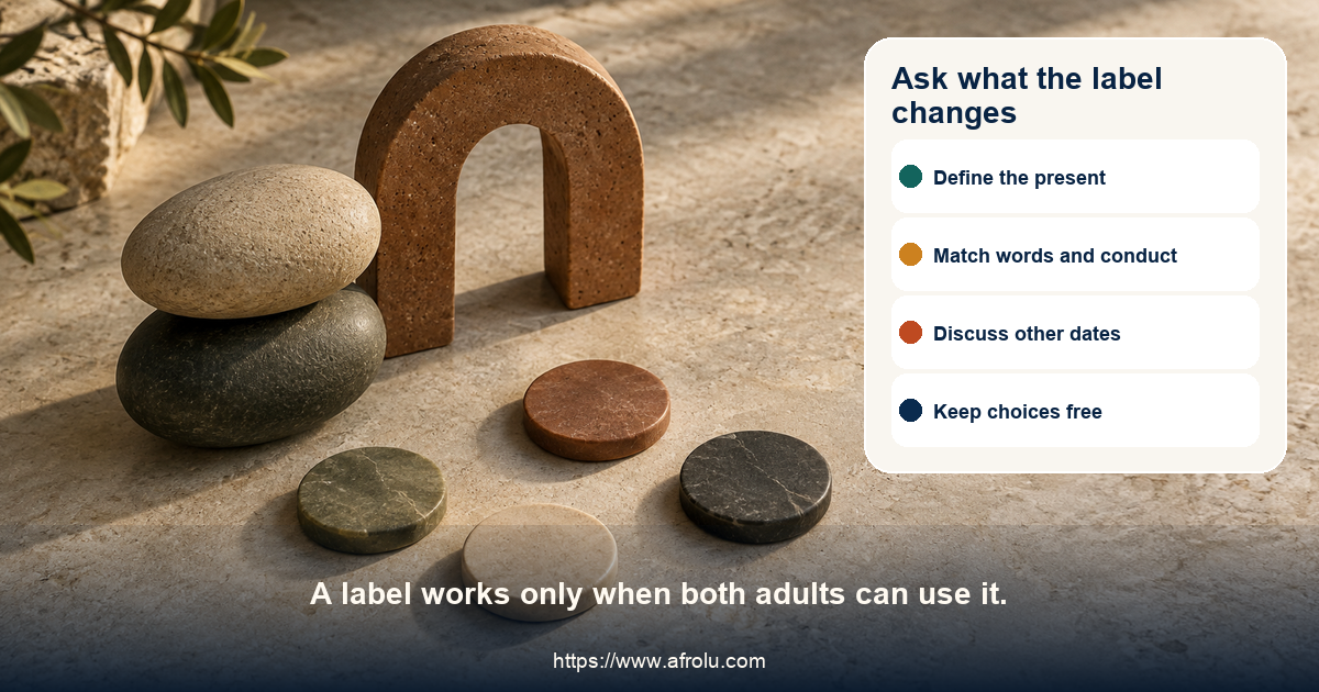 Editorial still life of two balanced abstract stone discs, a small open arch, and a separate blank marker in a sunlit neutral setting.