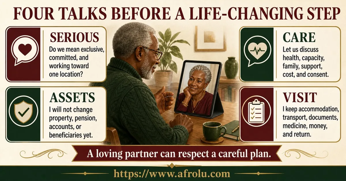 A mature long-distance couple discusses commitment, assets, care, and safe visits before making irreversible decisions.