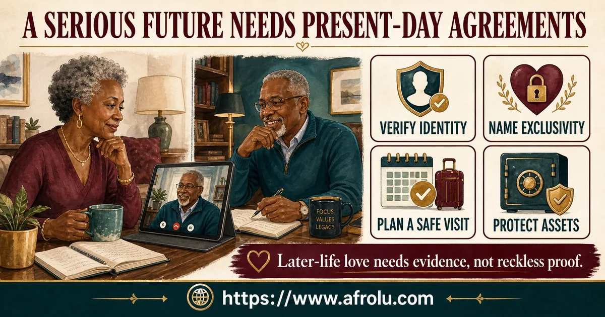 A mature long-distance couple uses present-day agreements to test whether their later-life future is truly serious.