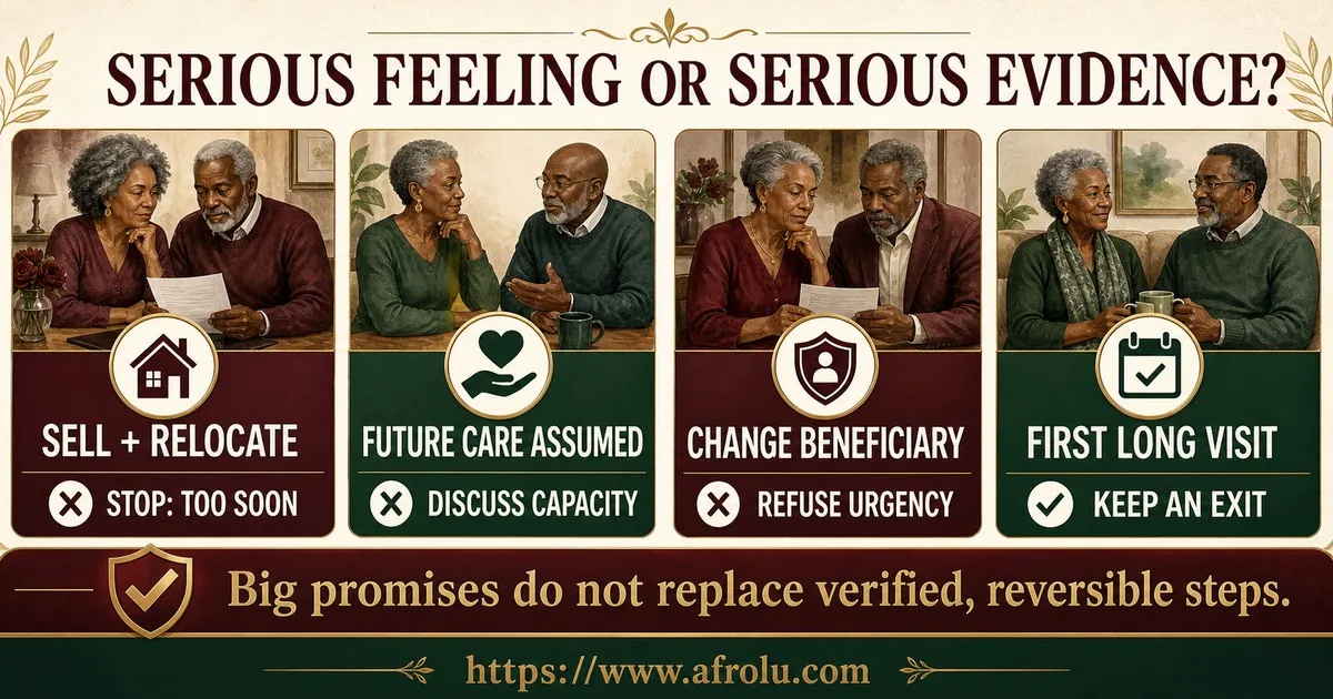 Four later-life relationship situations show when to slow down, discuss capacity, reject urgency, and keep an exit.