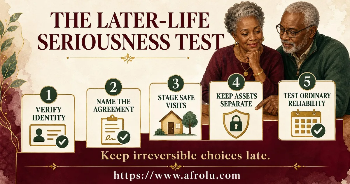A five-step path helps later-life daters verify identity, define the agreement, stage visits, protect assets, and test reliability.