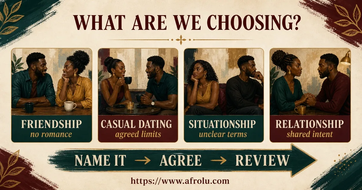 Four cards compare friendship, casual dating, a situationship and a relationship.