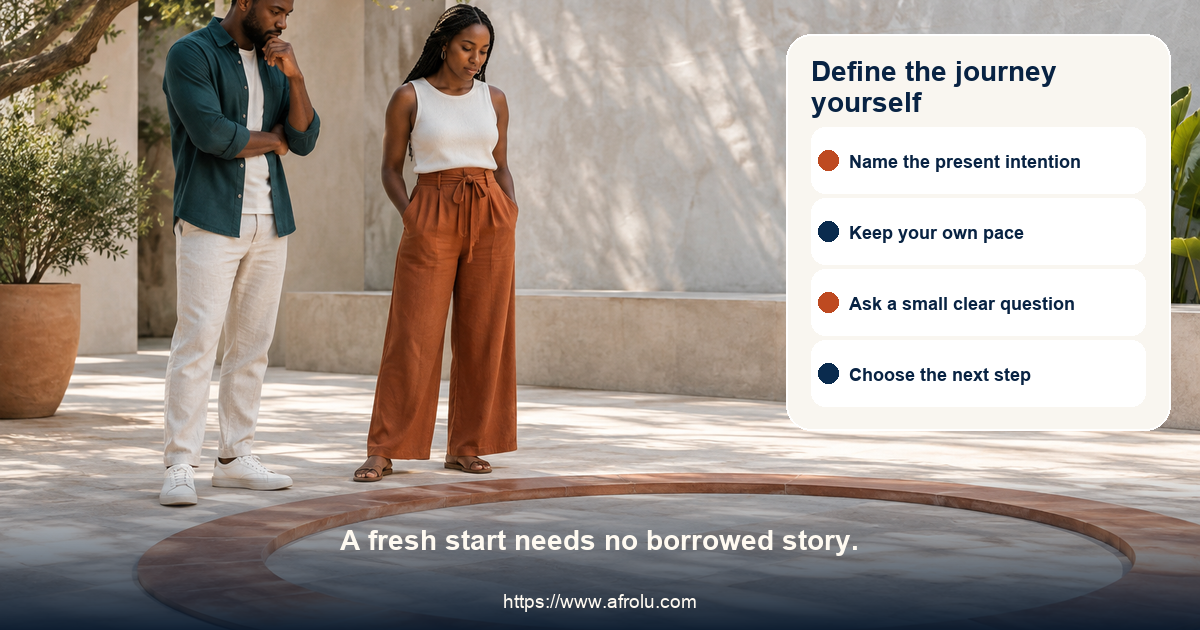 Two clearly adult people in a serene contemporary neutral courtyard beside an open terracotta circle, with no Nairobi landmark, map, breakup, family, or status cue.