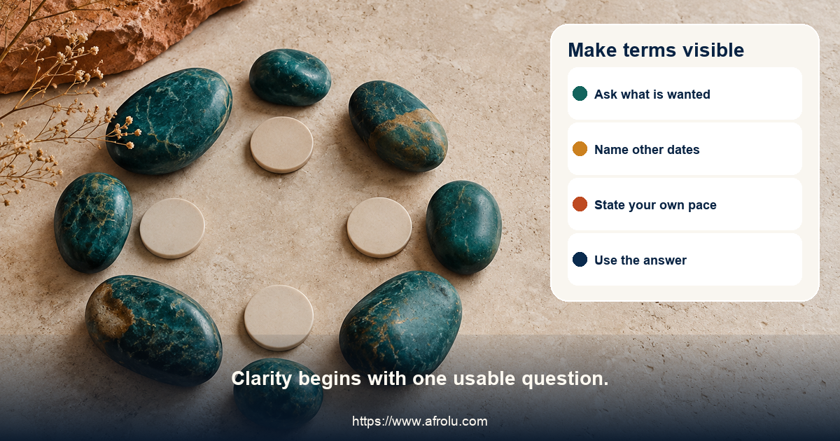 Editorial still life of teal stones arranged around a small open centre with four spaced blank markers, without city, map, workplace, or romance shorthand.