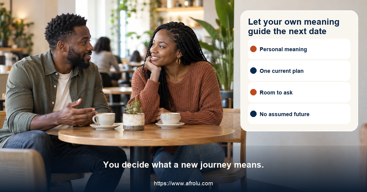 Two clearly adult people meet at a small neutral public table with comfortable space and calm expressions, illustrating a casual plan with no implied backstory.