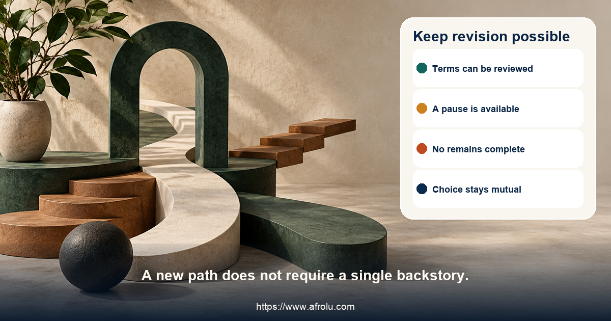 Level green and clay forms create several open paths beside a neutral charcoal marker, showing that a dating pace may change without implying a recovery journey.