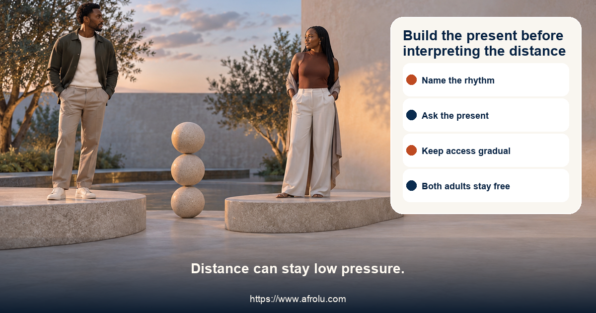 Adult distance-aware dating visual shows two independent adults choosing a gentle communication rhythm, mutual expectations, privacy, and consent